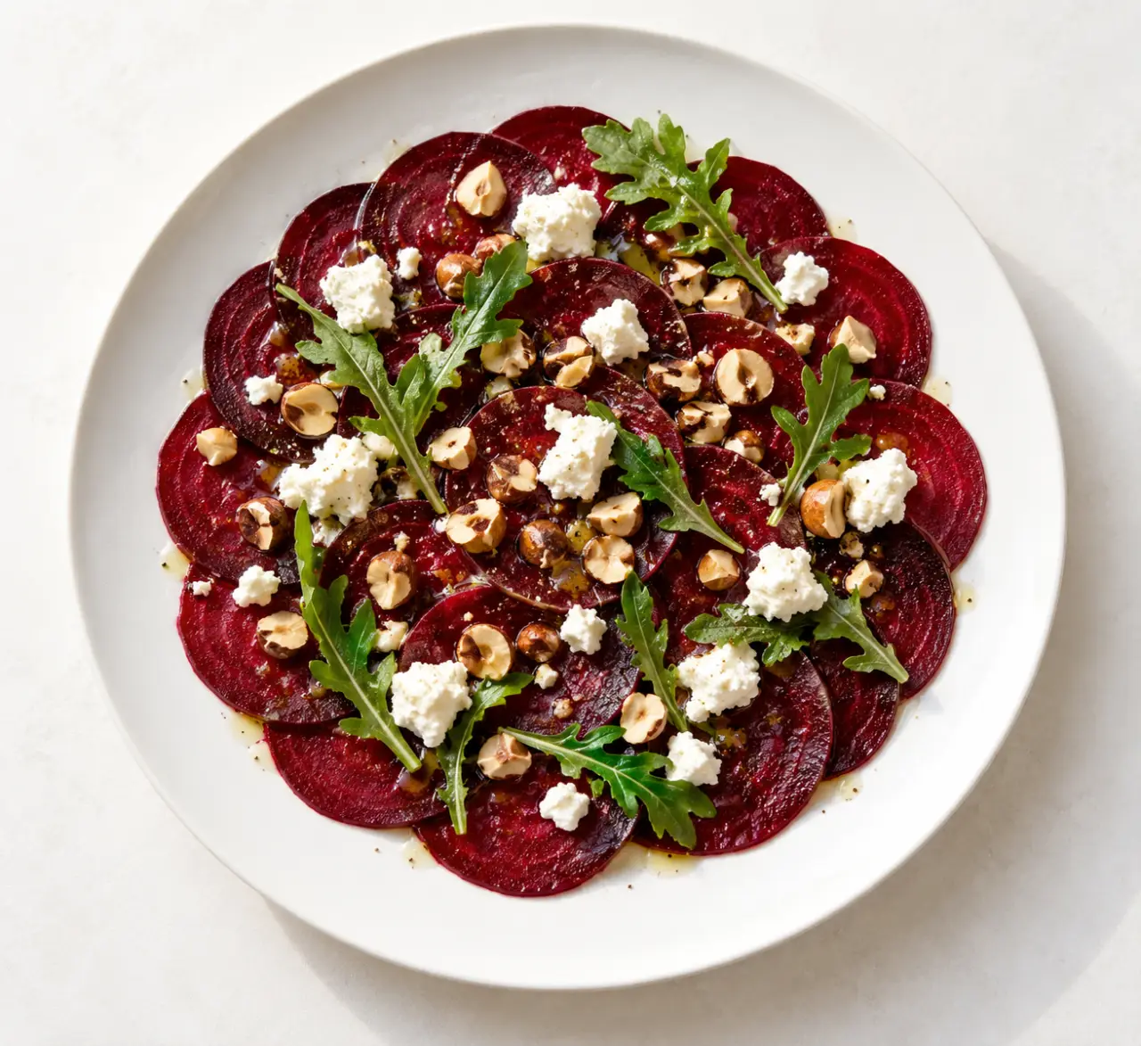 Recettes entrées gastronomiques : carpaccio de betterave au chèvre et aux noisettes