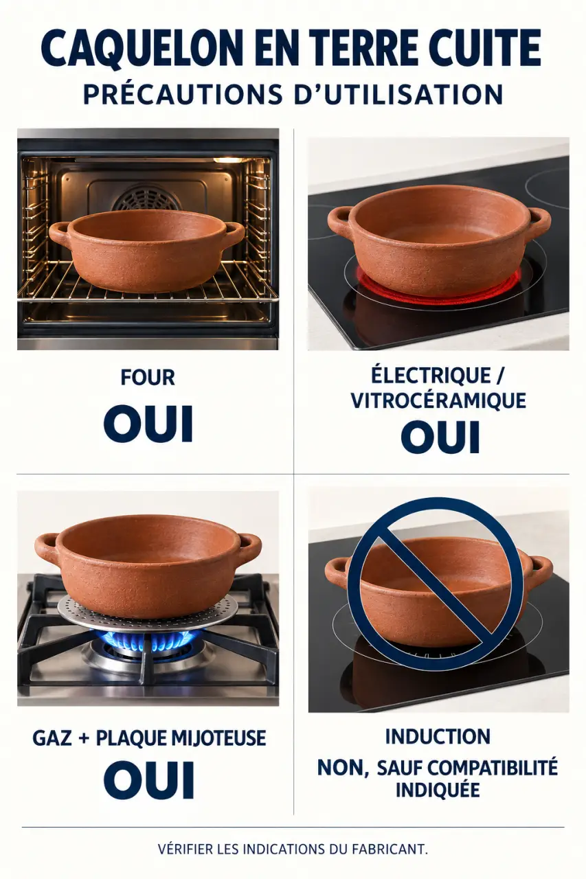 Infographie sur la compatibilité d’un caquelon terre cuite avec les différentes sources de chaleur