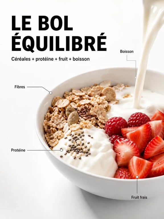 Bol de céréales à déjeuner équilibré avec yaourt, fruit et graines
