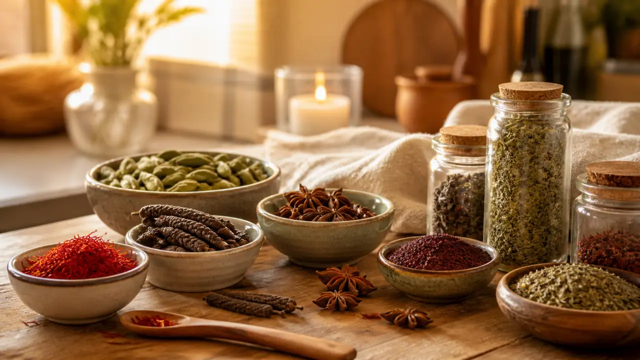 Cuisine chaleureuse avec épices rares et herbes aromatiques