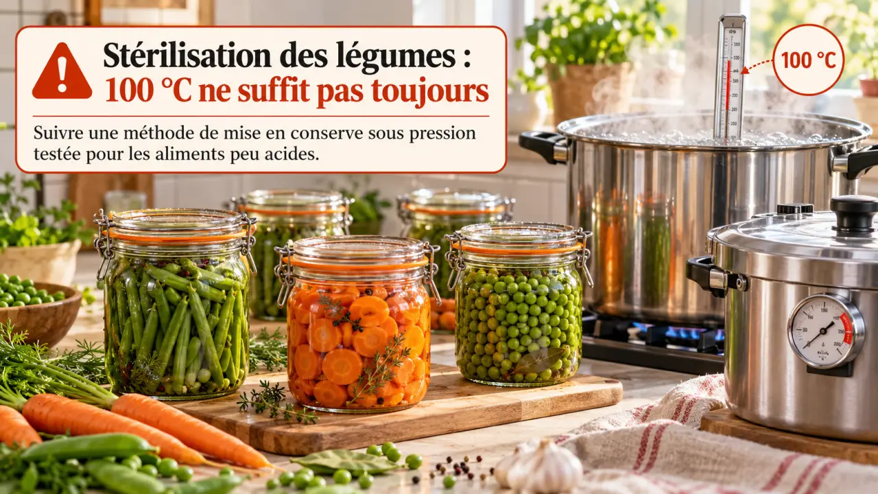Tableau de stérilisation Le Parfait : 100 °C ne suffit pas pour les légumes