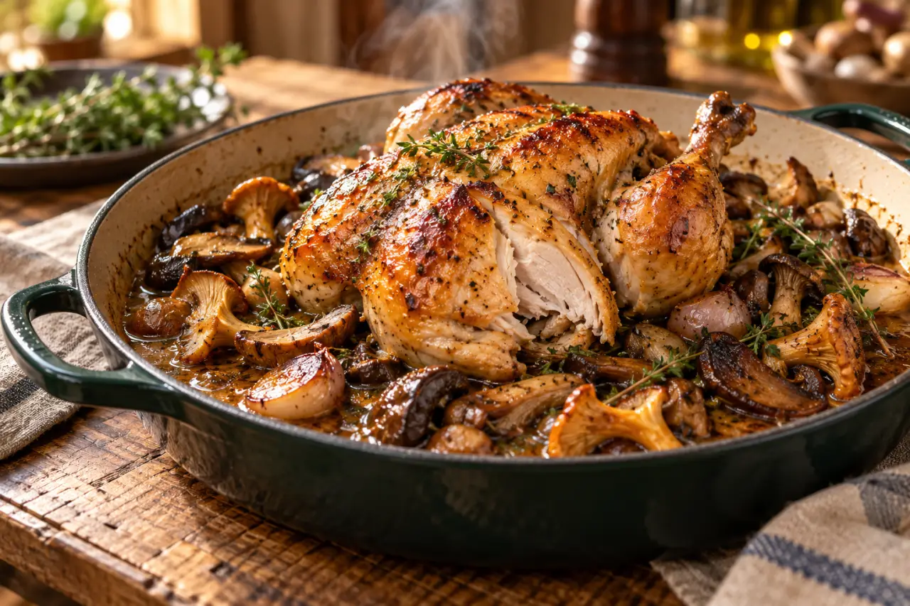 Recette de coquelet mijoté : une chair moelleuse, des champignons dorés et une sauce courte