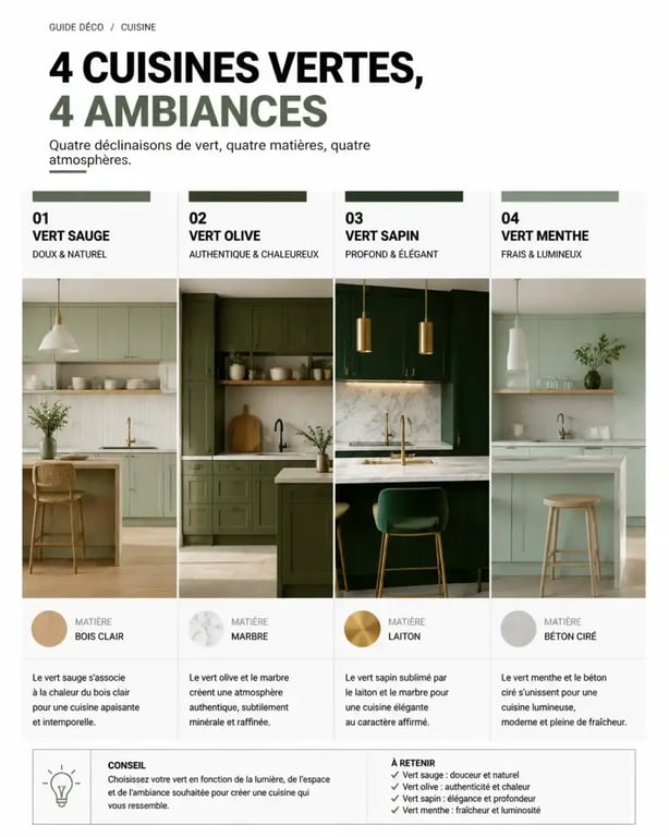 Cuisine verte : comparatif éditorial des nuances et associations de matériaux