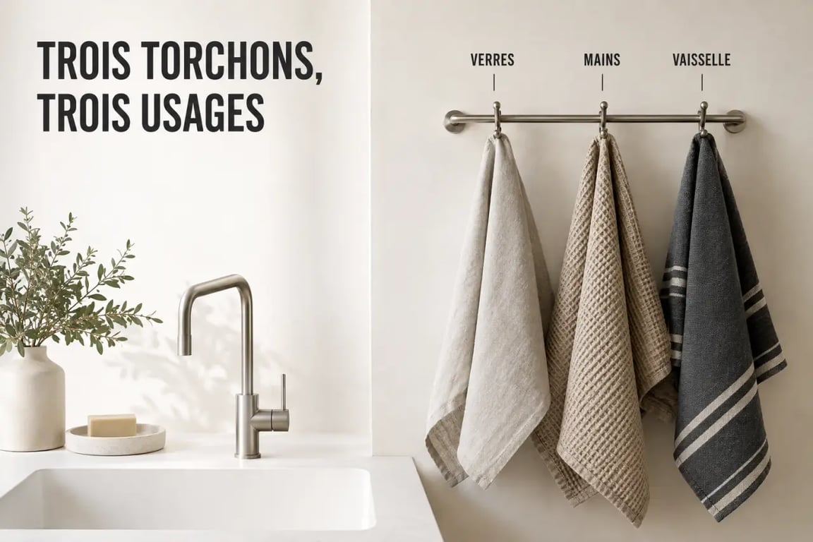 Torchons de cuisine suspendus dans une cuisine montrant les usages du quotidien