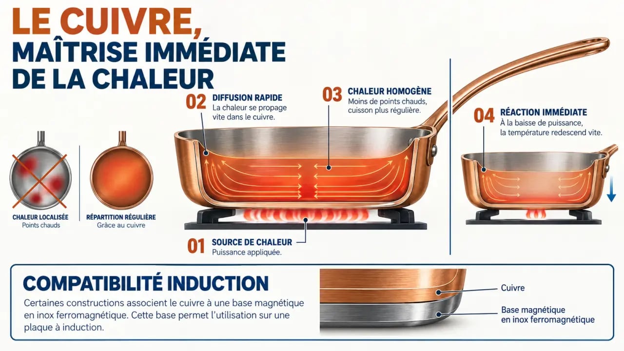 Schéma du fonctionnement thermique d’une batterie de cuisine en cuivre et de sa base compatible induction
