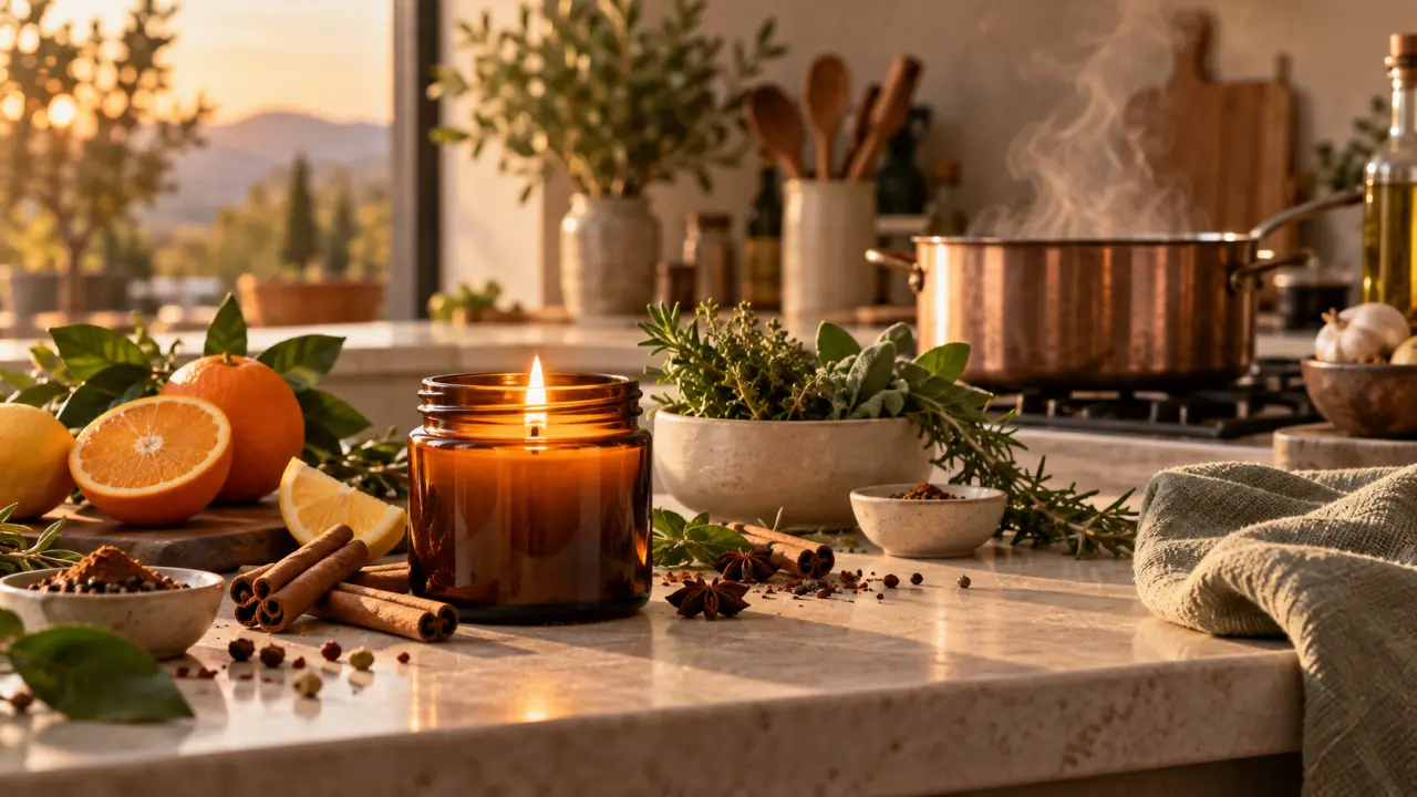 Bougie culinaire allumée sur une table en bois rustique avec des herbes fraîches