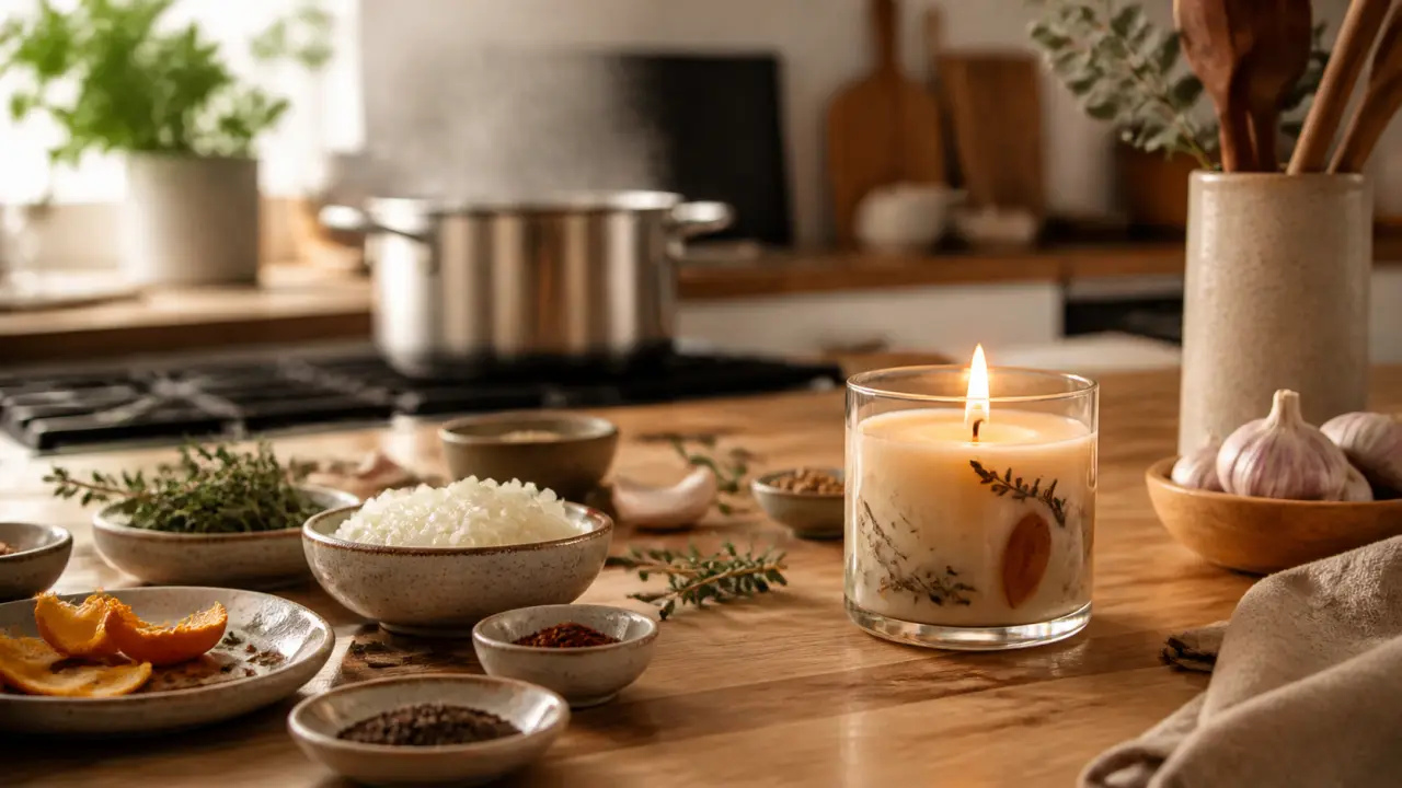 Bougie artisanale dans une cuisine chaleureuse et lumineuse