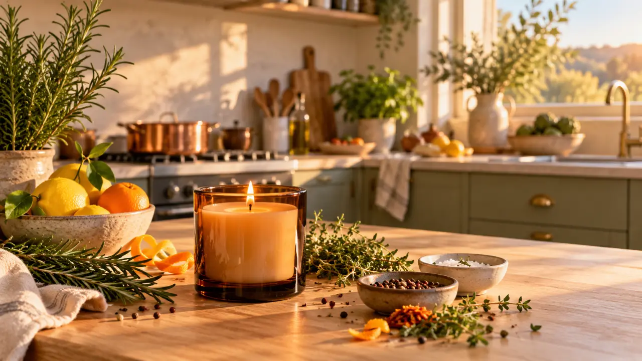 Bougie artisanale allumée sur un plan de travail de cuisine, près d’herbes aromatiques fraîches