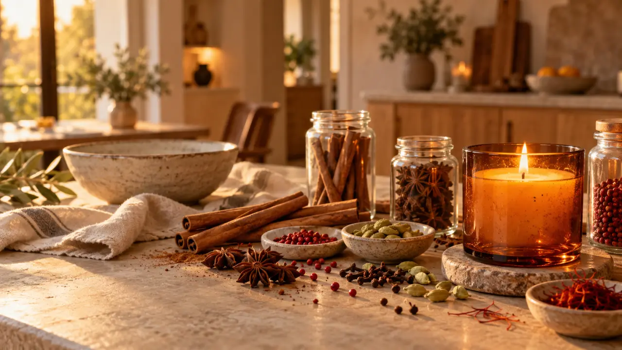 Cuisine chaleureuse décorée d'épices, d'herbes aromatiques et d'une bougie artisanale