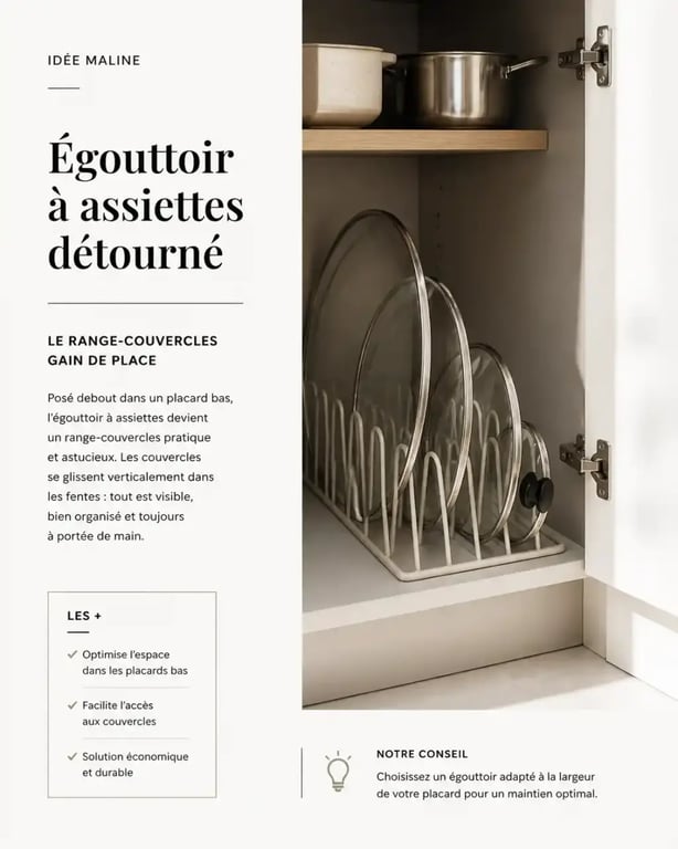 Astuce égouttoir détourné pour ranger les couvercles dans un placard bas