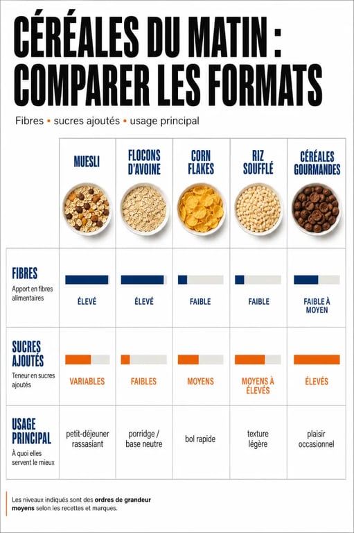 Comparatif des céréales à déjeuner selon les fibres, les sucres et l’usage au petit-déjeuner