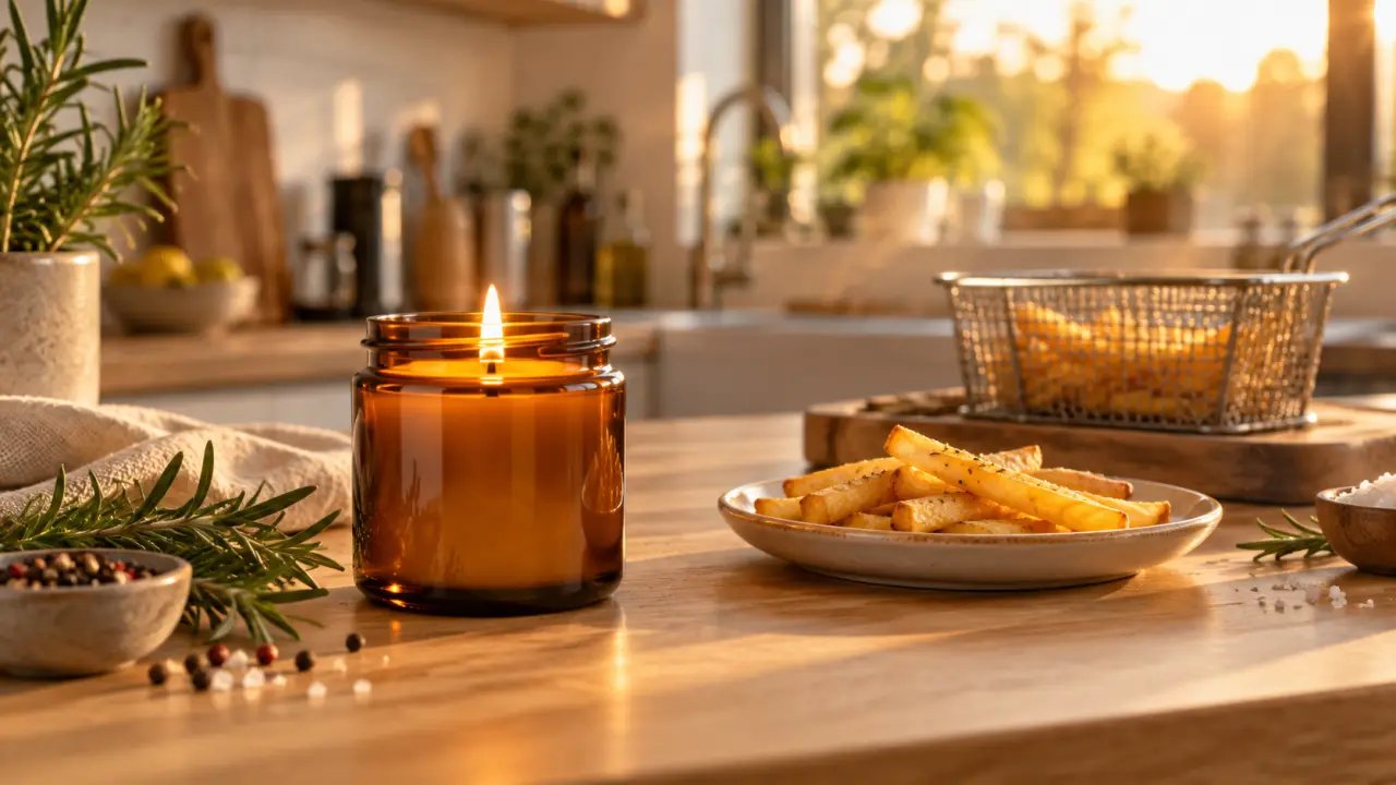 Bougie artisanale allumée dans une cuisine après la préparation d'une friture