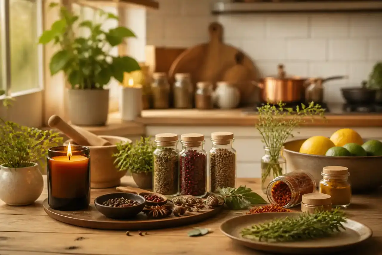 Cuisine rustique avec bougie allumée et épices disposées sur une table en bois