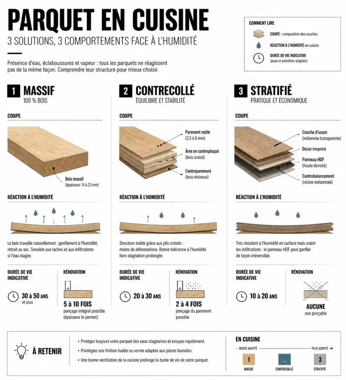 Comparatif visuel des types de parquet dans une cuisine face à l'humidité