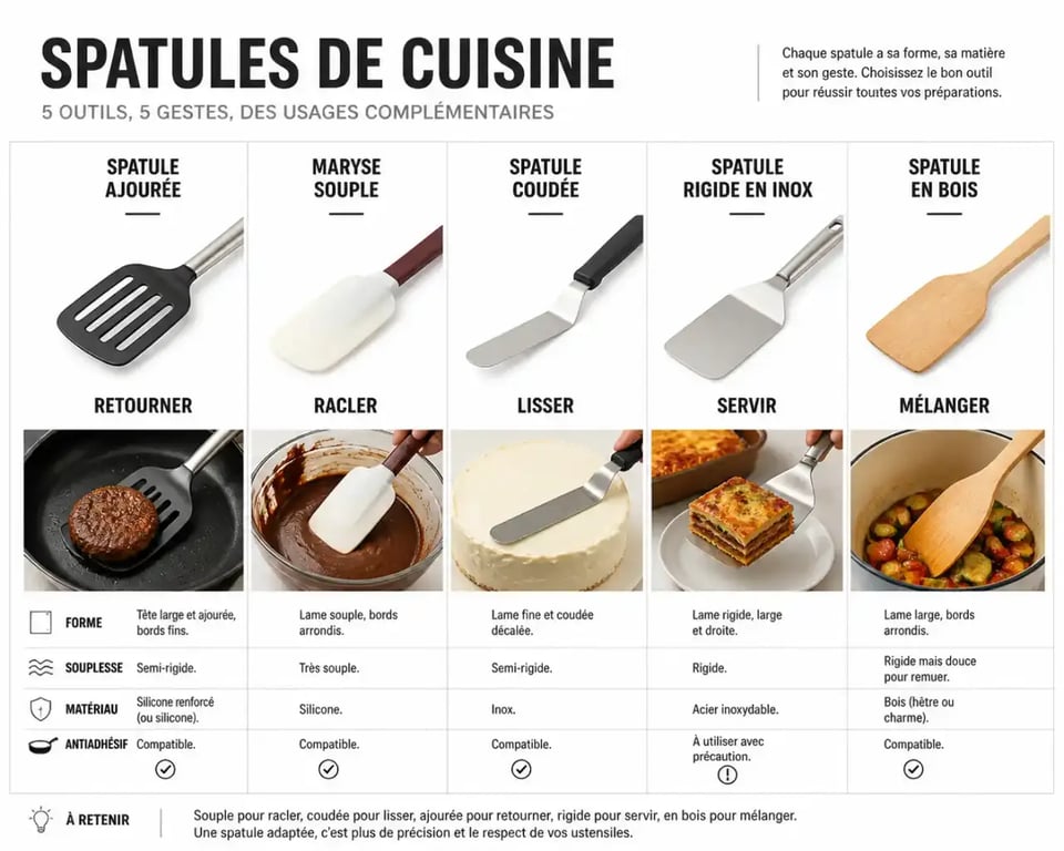 Spatule cuisine : comparaison des formes, matériaux et usages