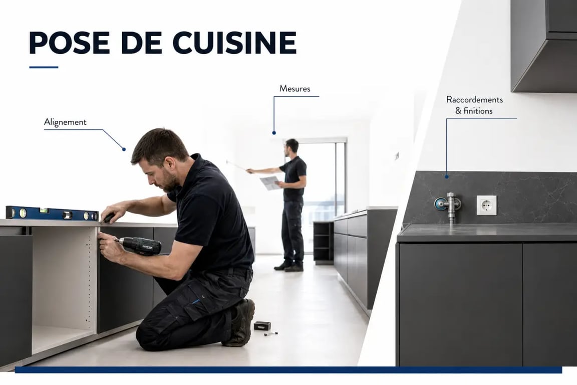 Pose cuisine : artisan installant des caissons et vérifiant les finitions dans une cuisine moderne