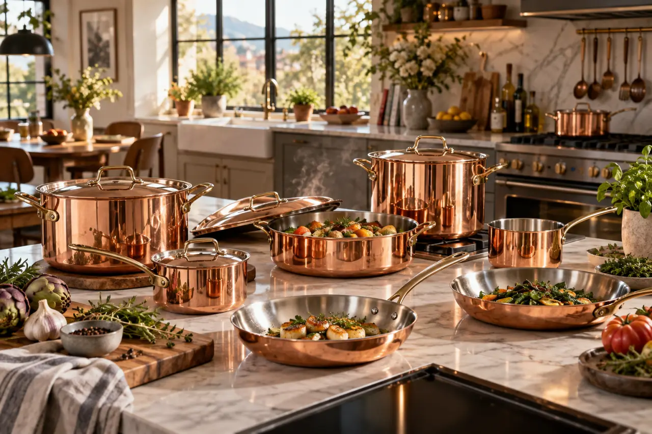 Une batterie de cuisine en cuivre offre une cuisson précise, avec une induction à vérifier