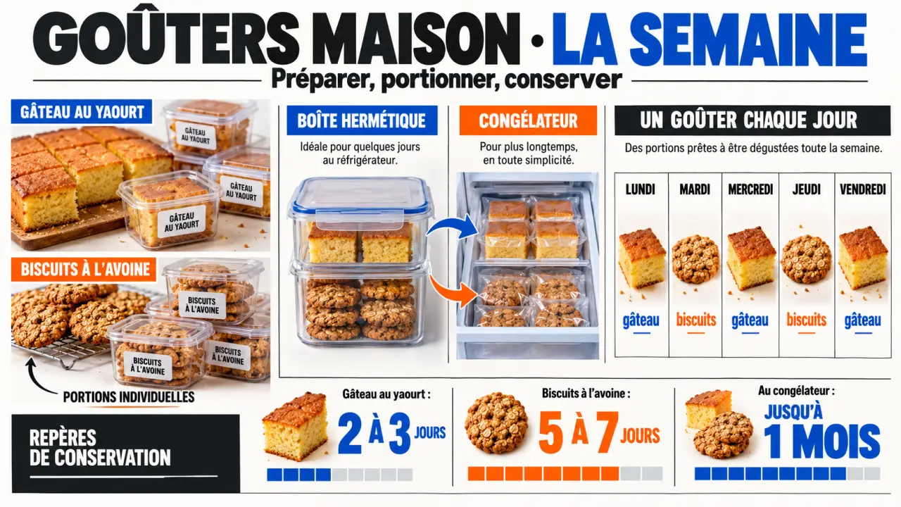 Organisation d’un goûter fait maison pour la semaine avec portions, planning et conservation au congélateur