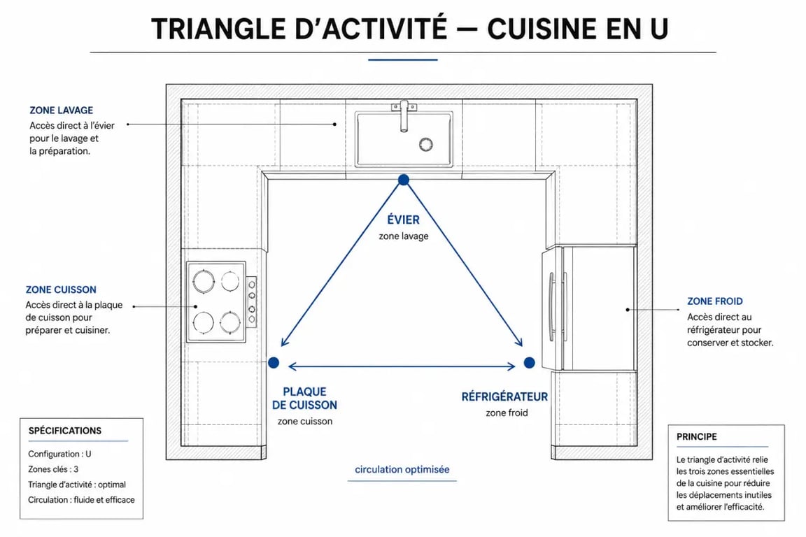 Schéma du triangle d'activité pour aménager une cuisine en U