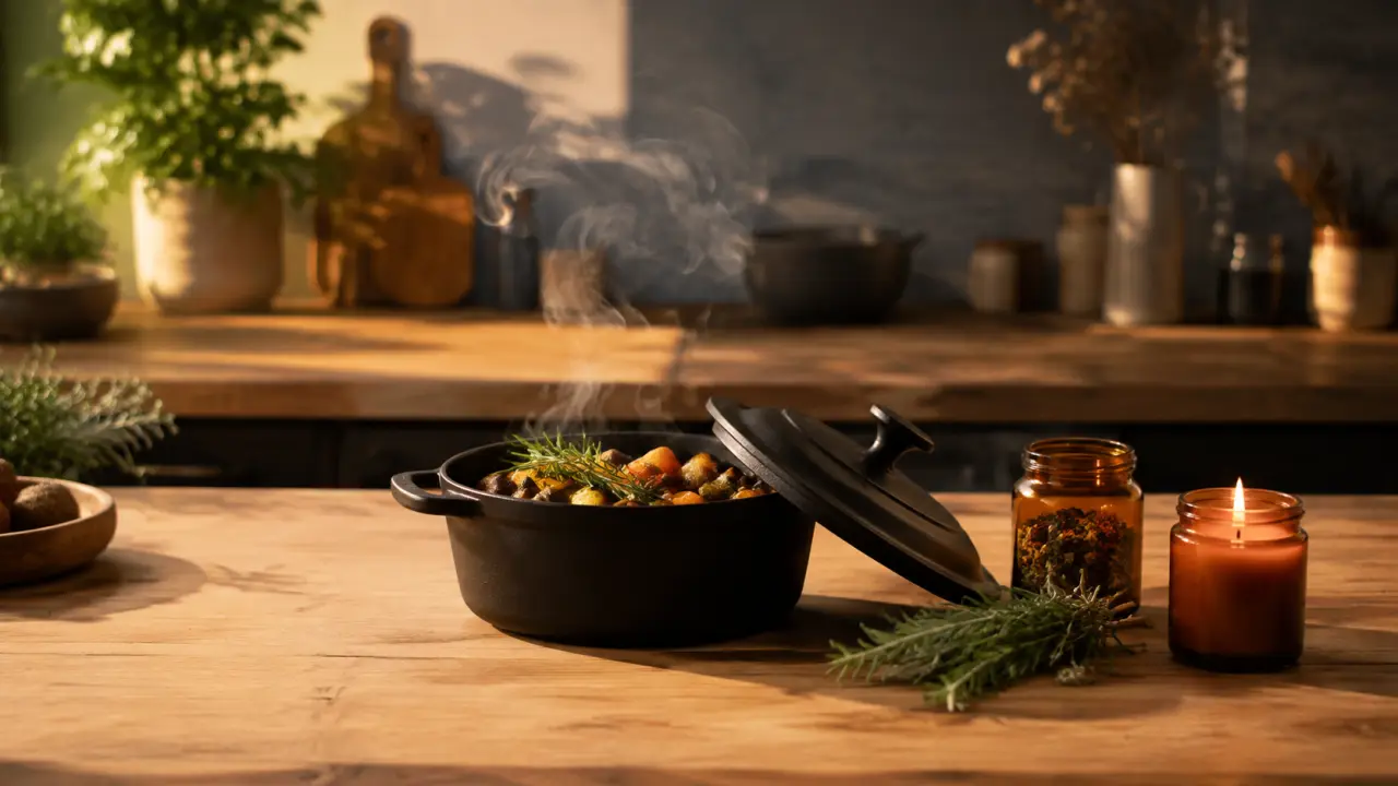 Cuisine chaleureuse avec épices, herbes fraîches et bougie artisanale