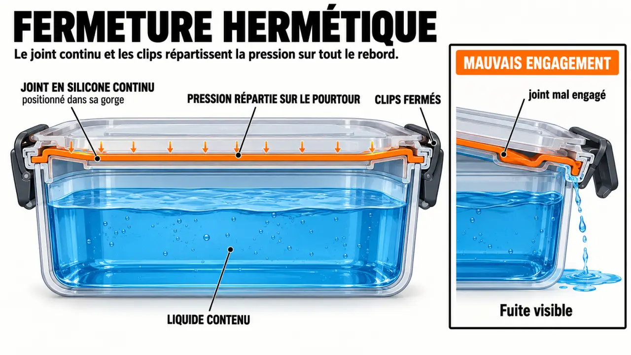 Boîte conservation aliment hermétique : fonctionnement du joint et des clips contre les fuites