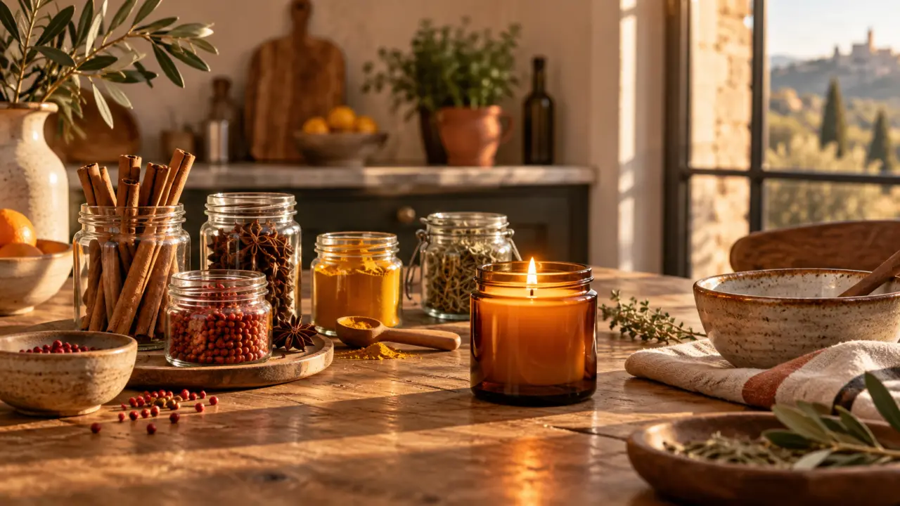 Bougie artisanale et épices disposées dans une cuisine chaleureuse