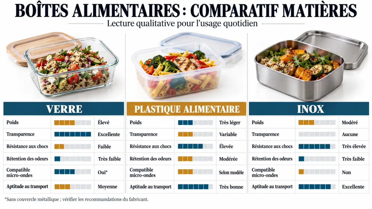 Boîte conservation aliment : comparaison visuelle du verre, du plastique et de l’inox