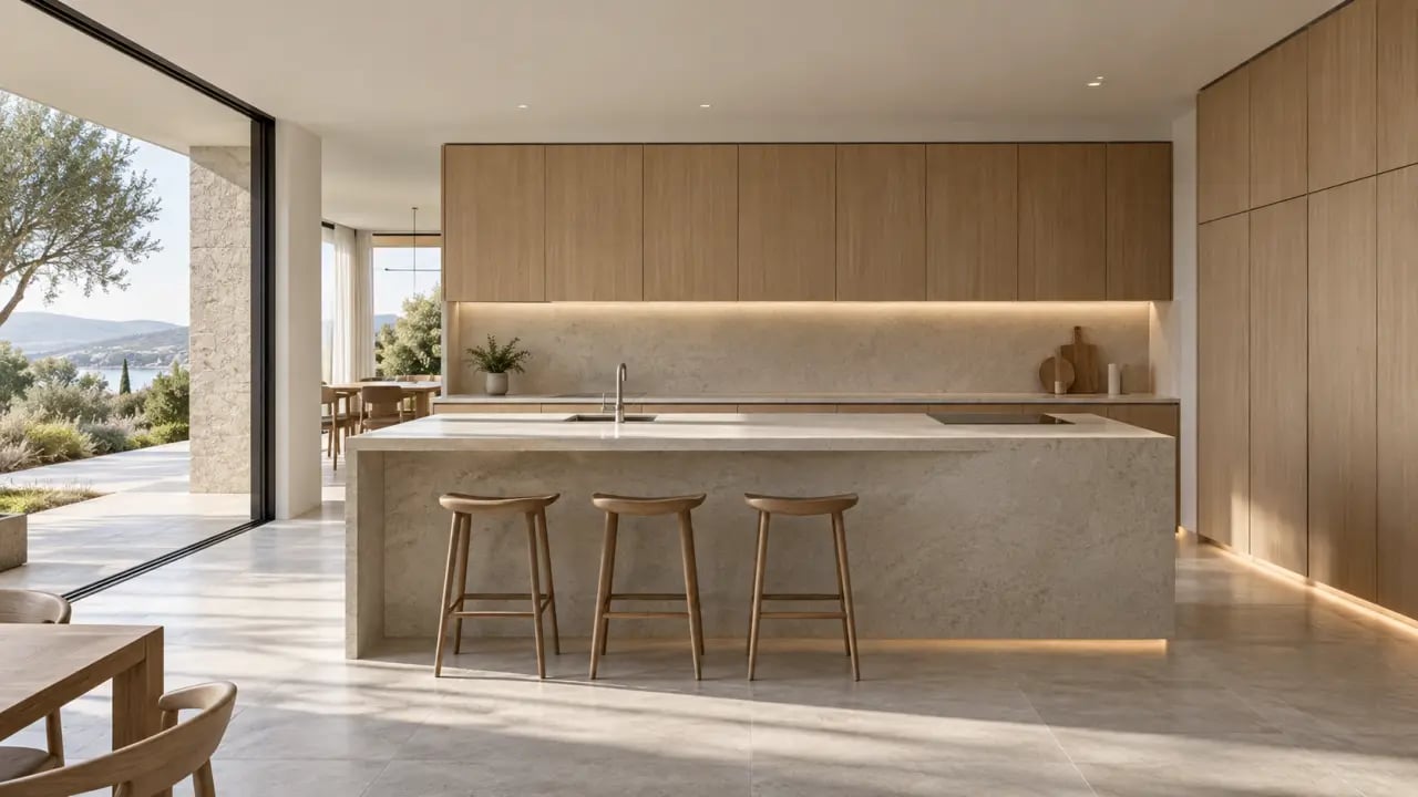 Cuisine haut de gamme sur mesure avec îlot central, matériaux naturels et électroménager intégré