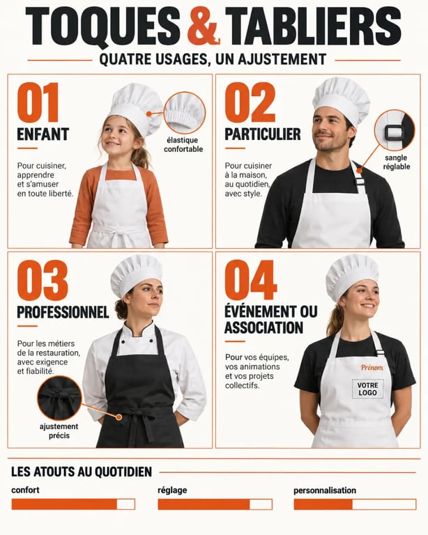 Infographie éditoriale sur les toques et tabliers selon les profils et les usages