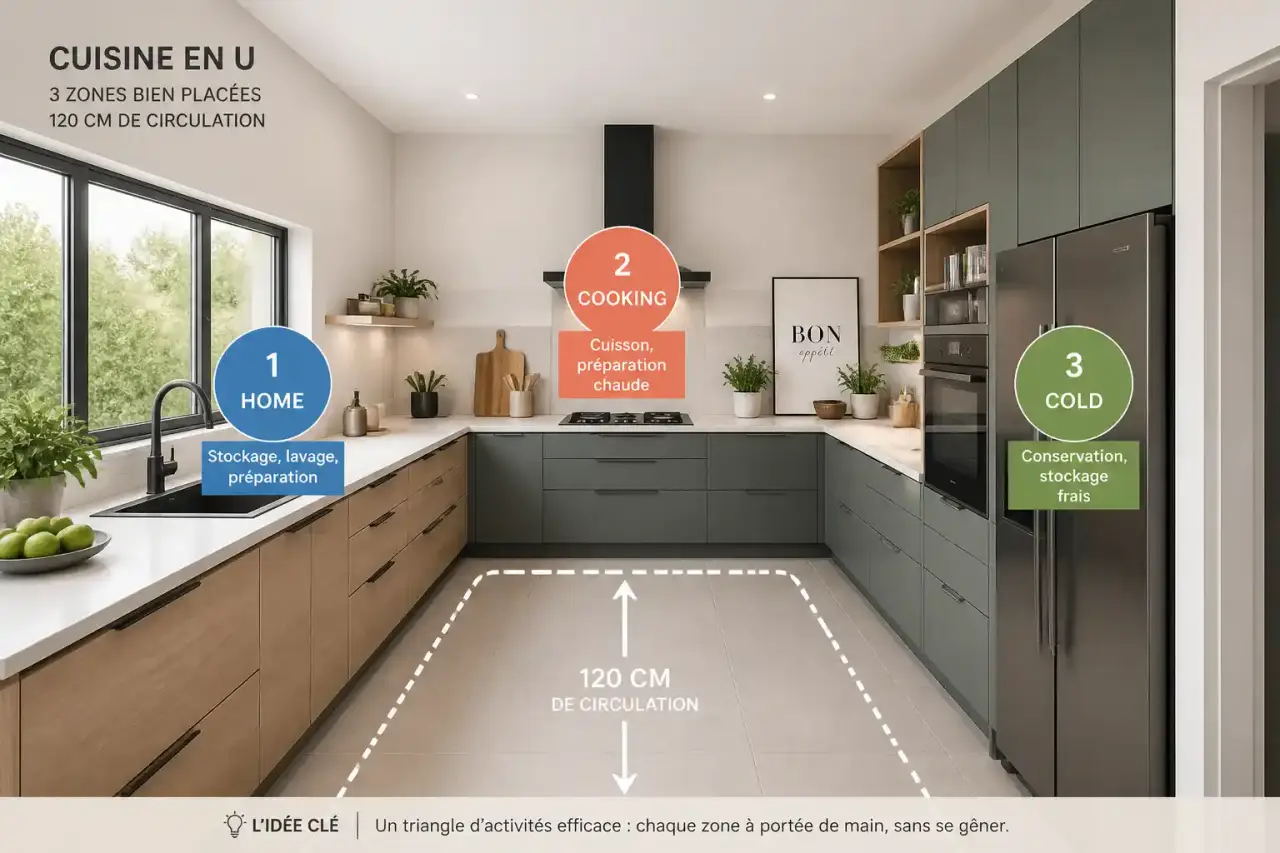 Cuisine en U : 120 cm de circulation et 3 zones à bien placer