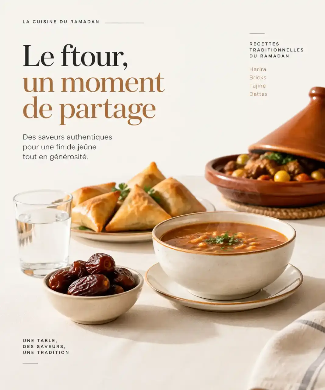 Idées repas Ramadan : table de ftour avec harira, dattes, bricks au four et tajine