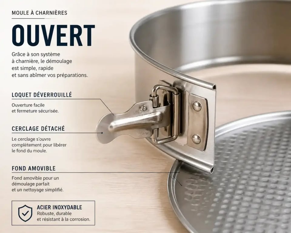 Moule à charnières en inox ouvert montrant le mécanisme de loquet et de cerclage