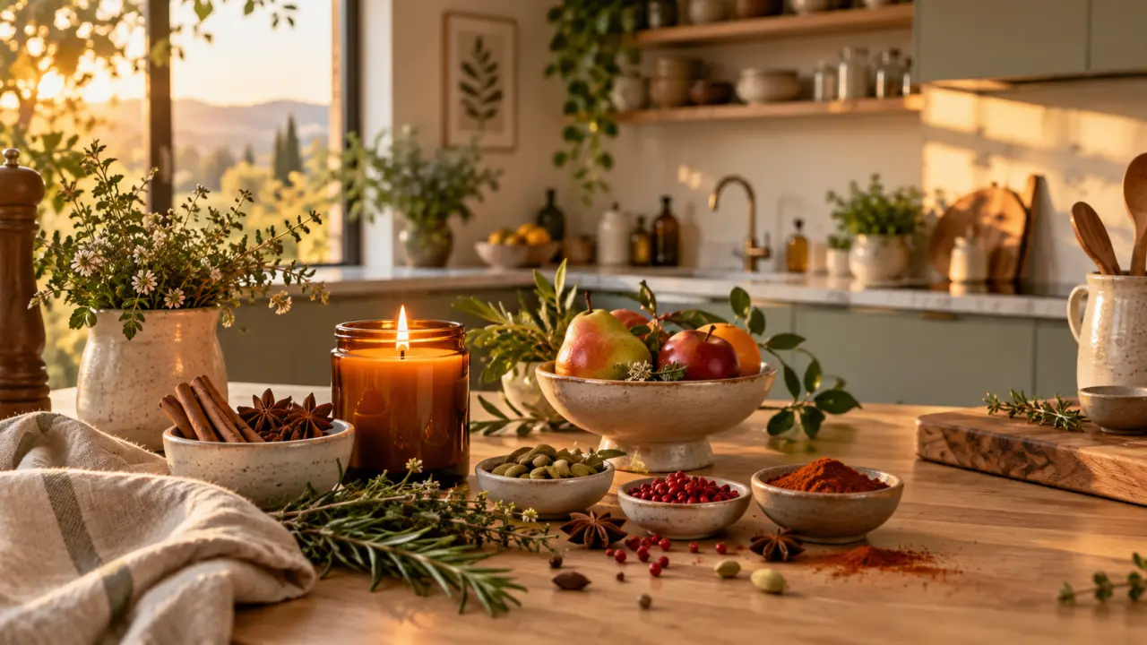 Cuisine chaleureuse avec une bougie artisanale, des herbes fraîches et des épices
