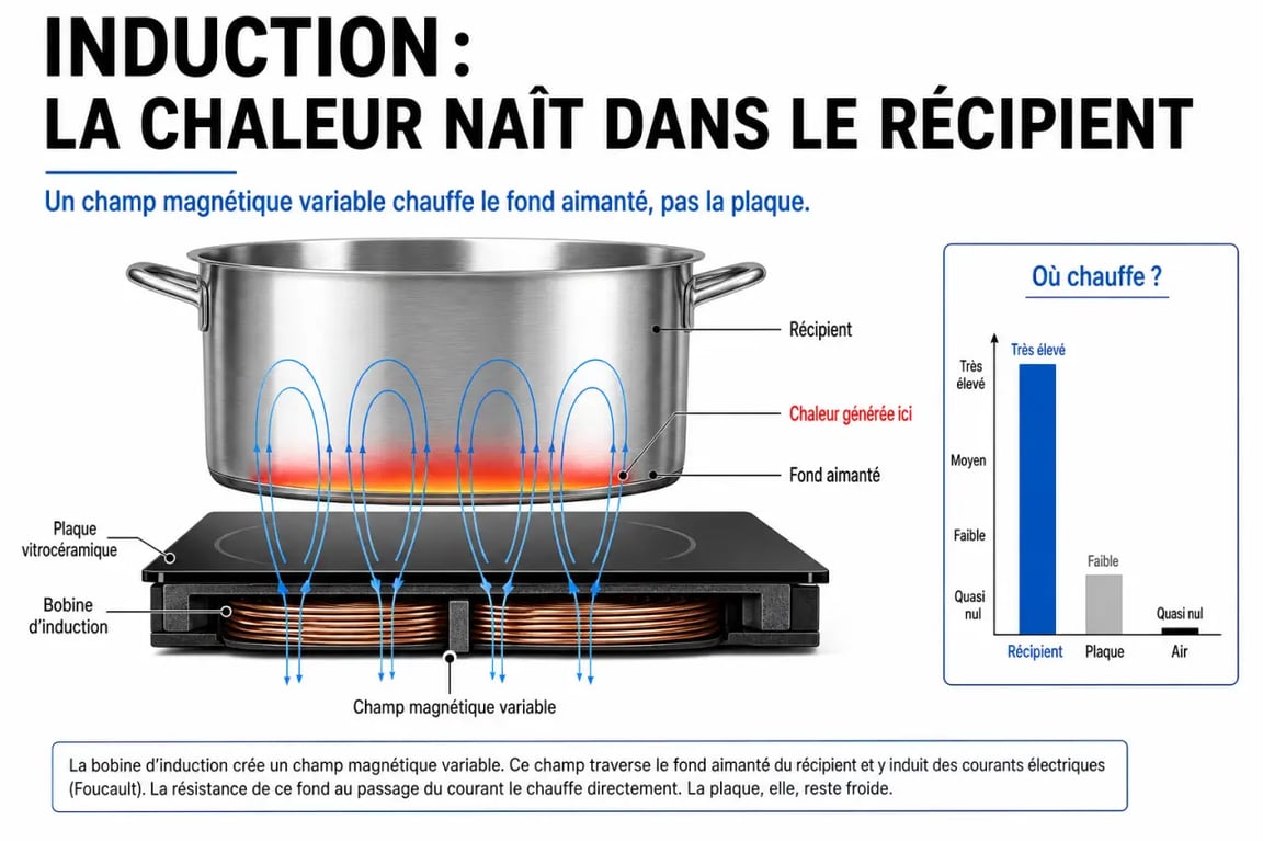 Fonctionnement d’une batterie de cuisine induction avec plaque à induction et fond magnétique