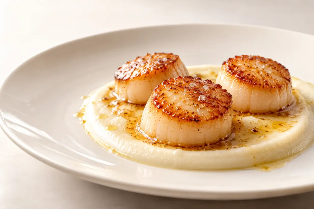 Recettes entrées gastronomiques : Saint-Jacques poêlées sur crème de chou-fleur