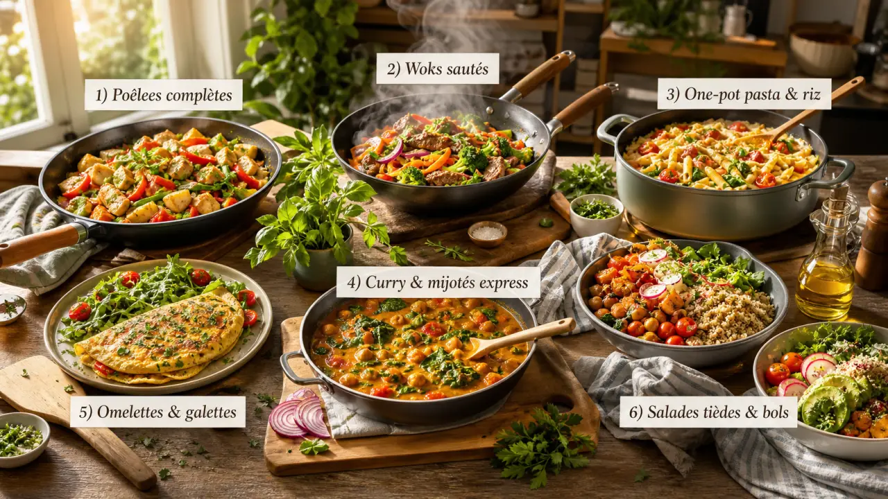 6 familles de repas complets sans four pour cuisiner à la poêle, à la casserole ou au wok