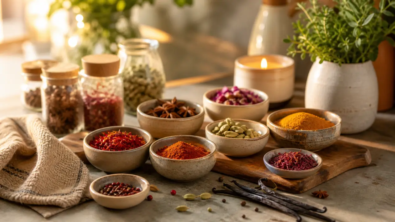 Cuisine chaleureuse avec herbes aromatiques, épices rares et lumière douce