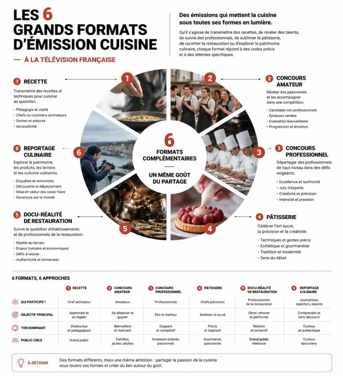 Infographie des six formats d’émission cuisine à la télévision française