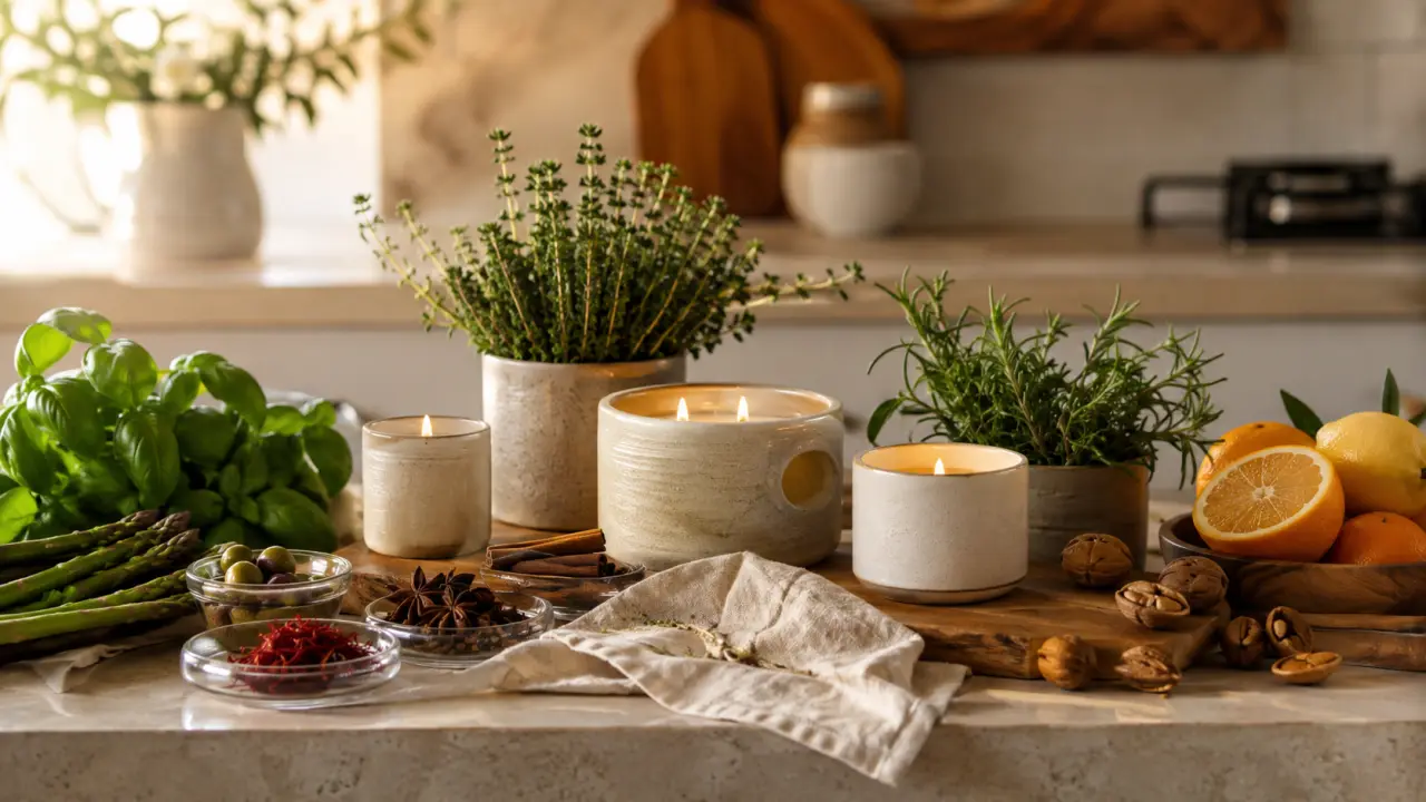 Cuisine chaleureuse avec herbes fraîches et bougie artisanale allumée