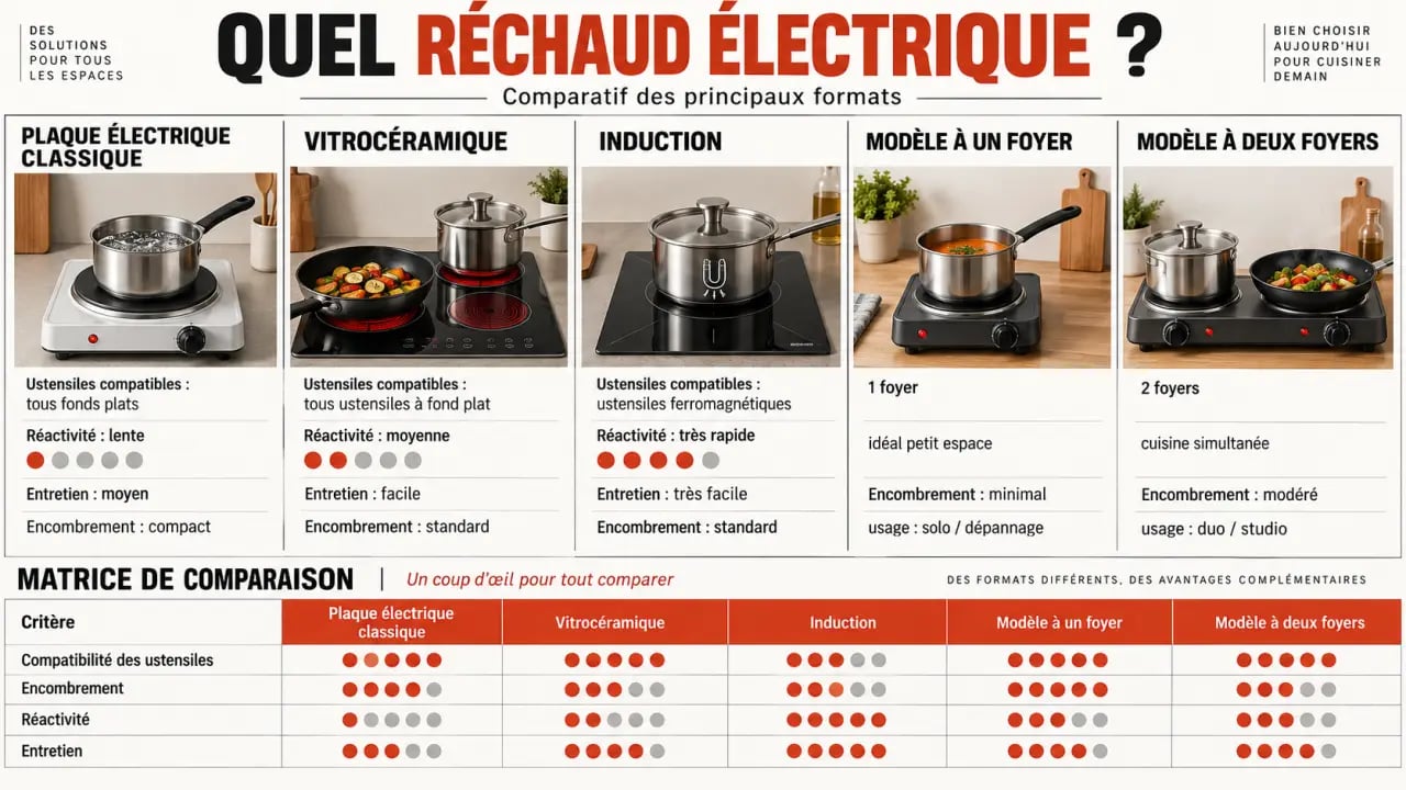 Infographie comparative des types de réchaud électrique et de leurs usages