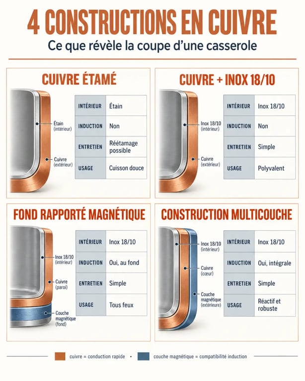 Infographie des constructions d’une batterie de cuisine en cuivre étamé, inox, fond magnétique et multicouche