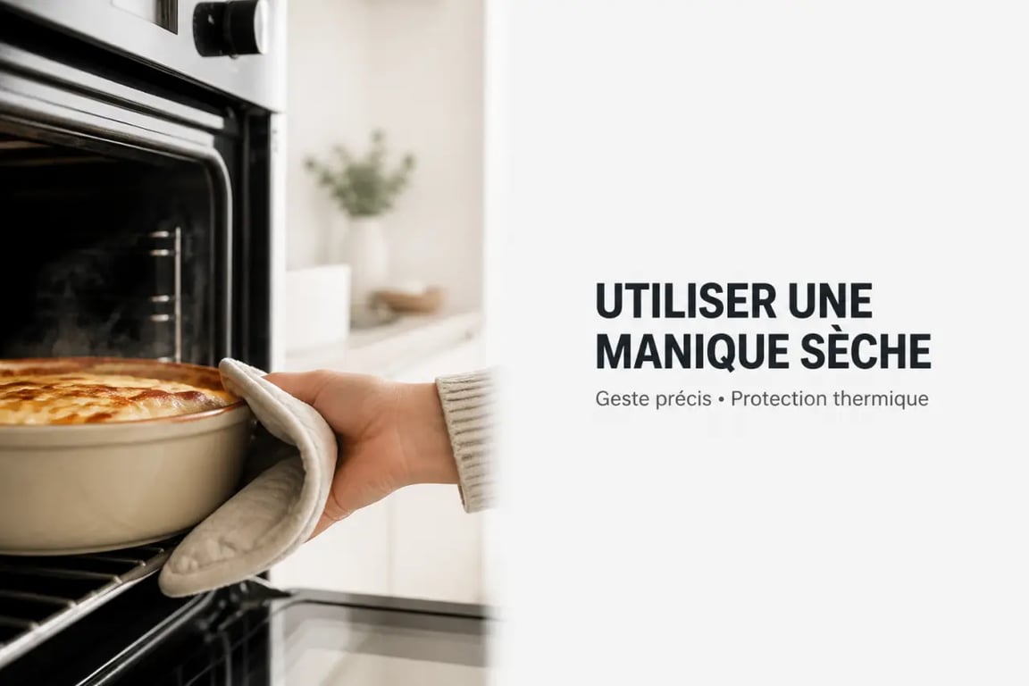 Manique cuisine utilisée pour sortir un plat chaud du four en toute sécurité