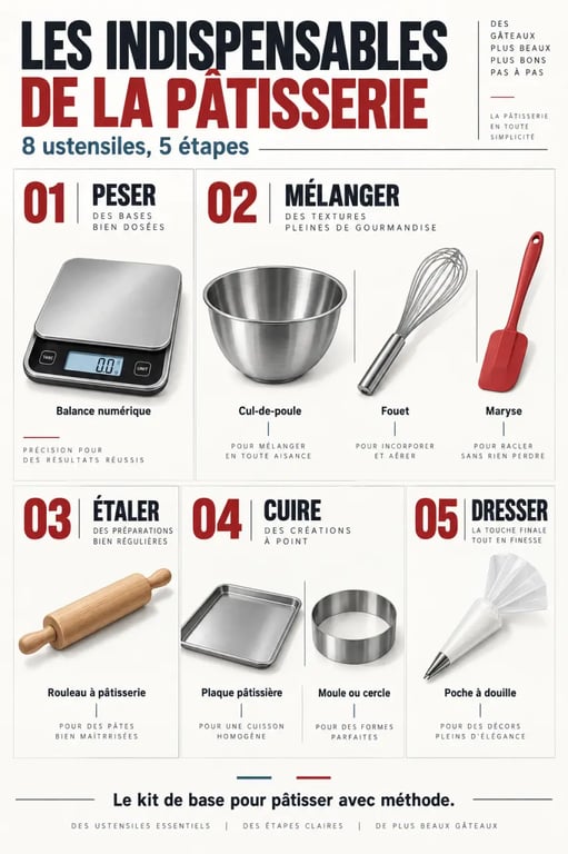 Infographie des ustensiles à pâtisserie indispensables et de leur fonction