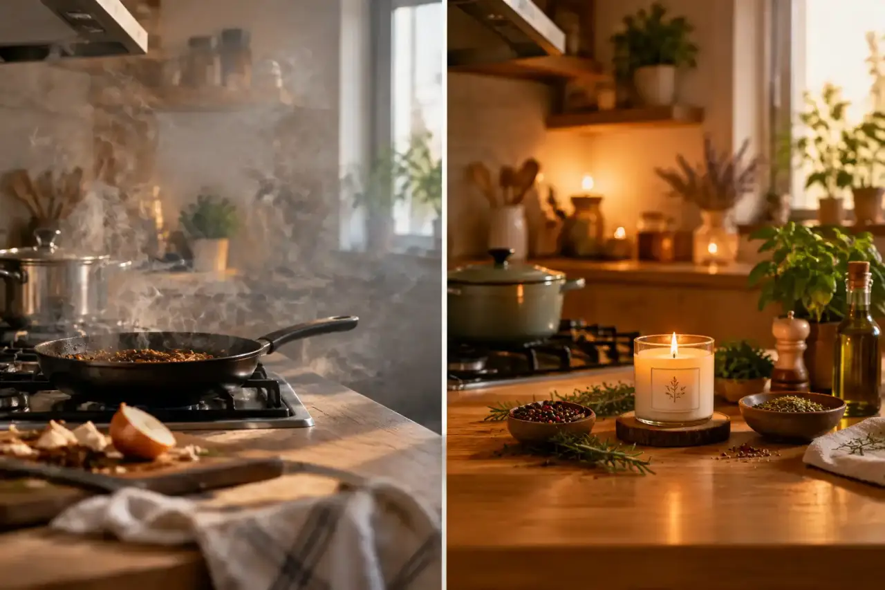 Cuisine chaleureuse avec une bougie artisanale et des herbes aromatiques