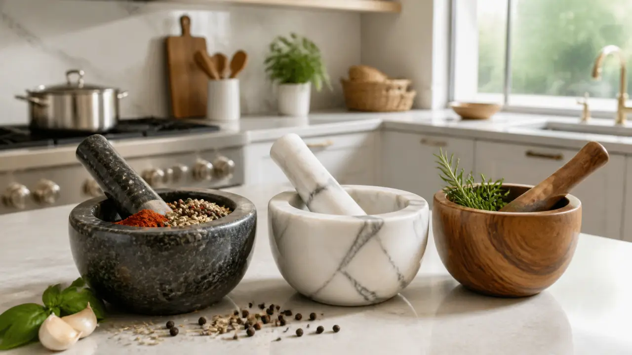 Mortier cuisine : granit pour les épices, marbre pour la finesse, bois pour les usages doux
