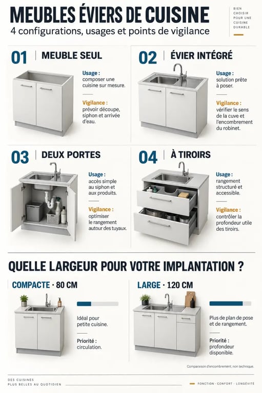 Infographie comparative des meubles éviers cuisine selon la configuration et la largeur