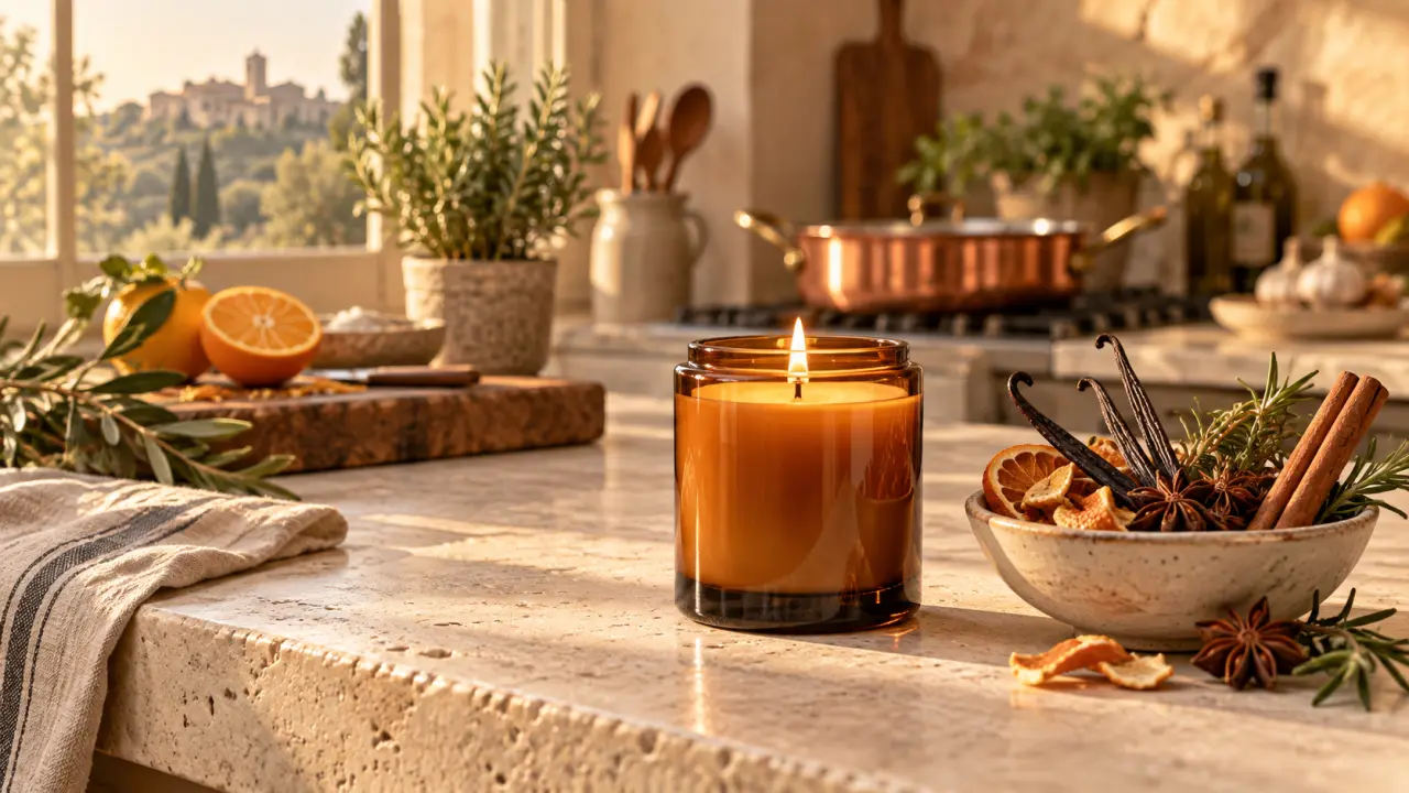 Bougie artisanale allumée dans une cuisine chaleureuse avec des herbes aromatiques