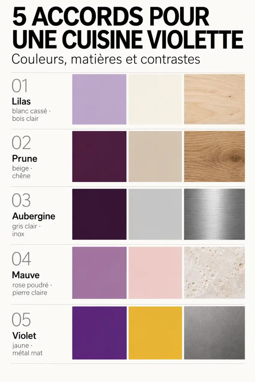 Cuisine violette : palette d’associations de couleurs avec bois, blanc cassé, beige, gris et touches contrastées
