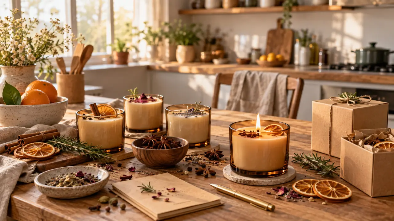 Bougie culinaire artisanale allumée dans une cuisine chaleureuse