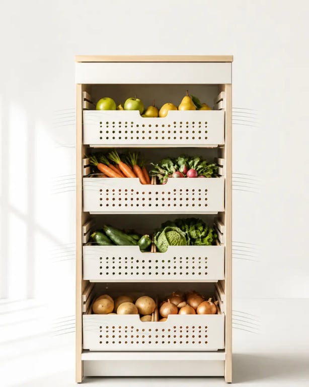 Légumier cuisine en bois ventilé avec tiroirs organisés pour fruits et légumes